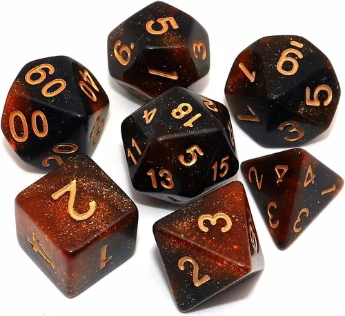 Vista 8 de Juego de dados poliédricos DND con brillo para juegos de rol de mazmorras y dragones (D&D) RPG, dados verdes mezclados con nebulosa negra