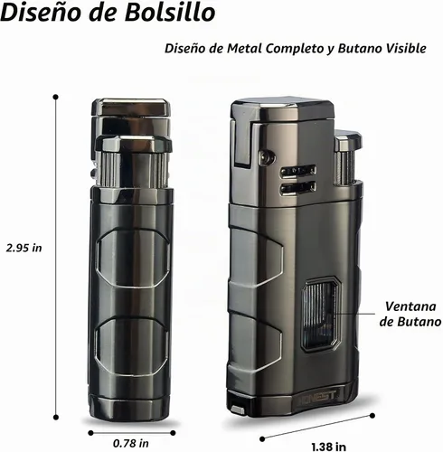 Vista 2 de PROMISE Encendedor de metal Triple Jet Flame recargable de butano resistente al viento, butano no incluido (negro)