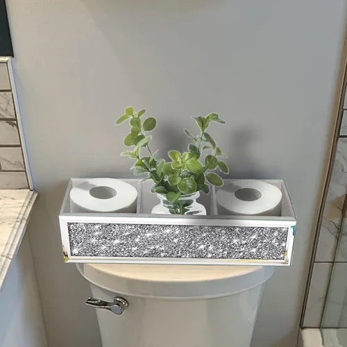 Vista 2 de Wocred Cesta de Baño Actualización de Tanque de Inodoro, Bandeja de Baño con Espejo de Diamante Triturado Montada en la Pared, Organizador
