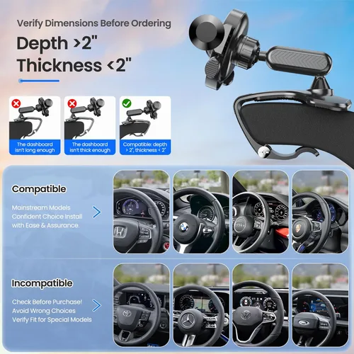 Vista 7 de Soporte de teléfono para automóvil, soporte de teléfono para salpicadero, rotación de 360 grados, diseño de clip multifuncional, soporte universal
