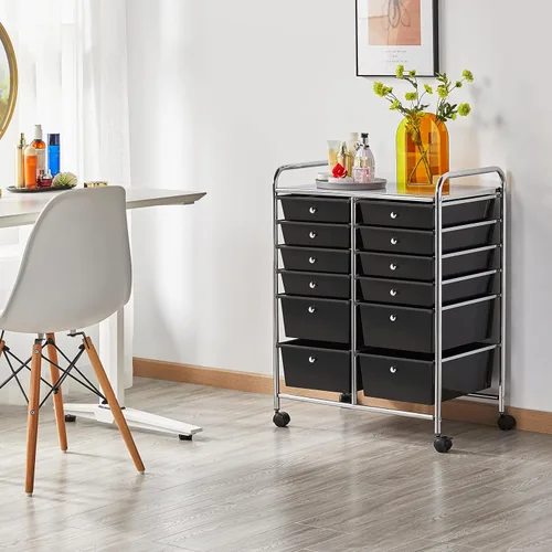Vista 2 de Topeakmart Organizador de carrito con ruedas de 12 cajones, cajones de almacenamiento de plástico, carrito utilitario, 360 ruedas, color negro