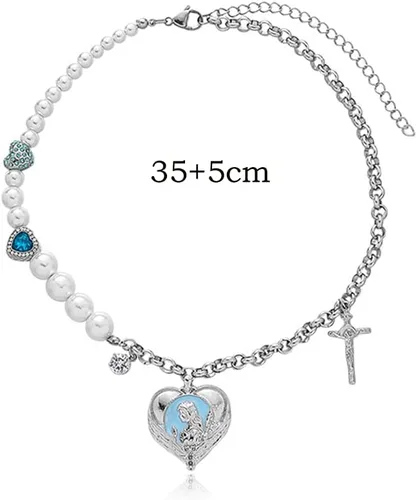 Vista 6 de Wiwpar Gargantilla de cadena de metal en forma de O, accesorios de corazón de perla, collar con colgante de corazón de moda para mujeres y niñas