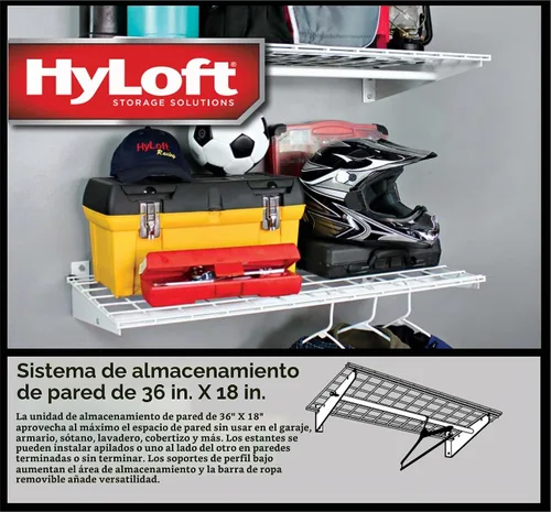Vista 4 de Hyloft Paquete de 2 estantes de garaje de pared de acero resistente, ajustable de 36 x 18 pulgadas, incluye barra para colgar, carga máxima de Blanco