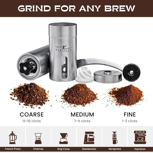 Vista 3 de Molinillo de café manual – 18 ajustes ajustables, molinillo cónico de grano de café de acero inoxidable, portátil, duradero y apto para viajes