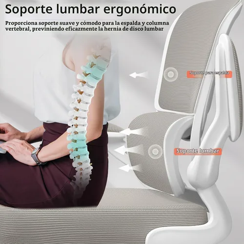 Vista 3 de BESTFAIR Silla de oficina ergonómica de malla, silla de escritorio de malla transpirable, soporte lumbar ajustable, reposabrazos abatibles, silla