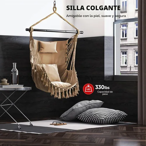 Vista 3 de Giantex Silla colgante hamaca columpio – con barra colgante de acero resistente, cómoda almohada para reposacabezas, 2 cojines, columpio de macramé