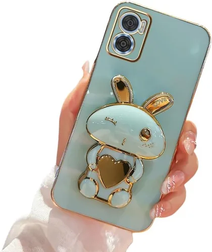 Vista 9 de Funda de silicona compatible con Motorola E22 con lindo soporte de conejo de dibujos animados para Motorola E22 Slim TPU galvanizado antihuellas 1