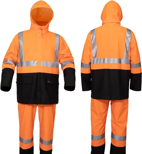 Vista 2 de HAOKAISEN Traje de lluvia para hombre, resistente al agua, alta visibilidad, reflectante, chaqueta de lluvia con pantalones de babero