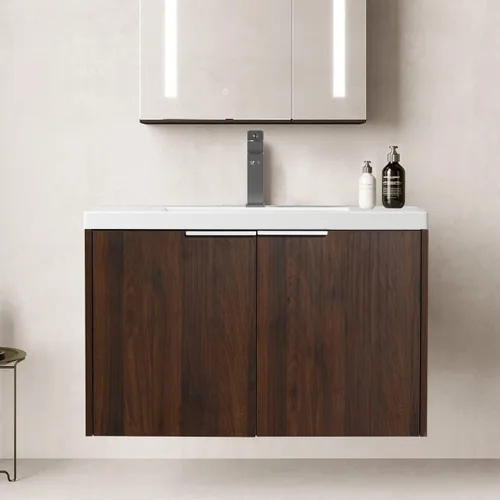 Vista 10 de SSLine Juego de tocador de baño montado en la pared con lavabo moderno de 24 pulgadas con lavabo superior y armario de almacenamiento, armario