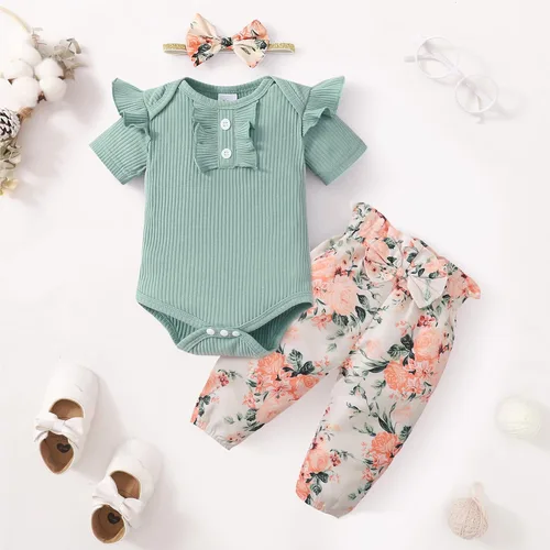 Vista 5 de Conjunto de ropa para bebé recién nacido, mameluco con pantalón floral, ropa de algodón para niñas