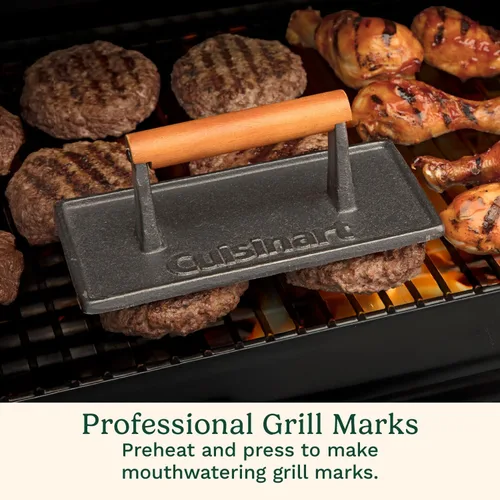 Vista 4 de Cuisinart - Prensa de parrilla de hierro fundido con mango de madera, prensa de hamburguesa rectangular antiadherente de alta resistencia con mango