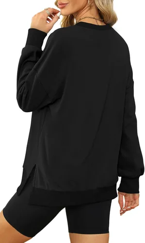 Vista 3 de XIEERDUO Sudaderas de gran tamaño para mujer, estilo casual, cuello redondo, manga larga, cómodas 01-Negro