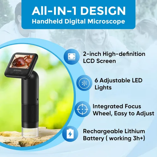 Vista 2 de APEXEL Microscopio digital de mano 800X con pantalla LCD de 2 pulgadas, microscopio portátil de bolsillo para niños con luces LED ajustables
