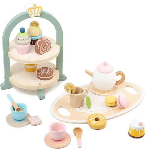Vista 8 de Juego de comida de madera para jugar a pastel de cumpleaños, juego de fiesta de té para niños pequeños, juegos de accesorios de cocina Montessori