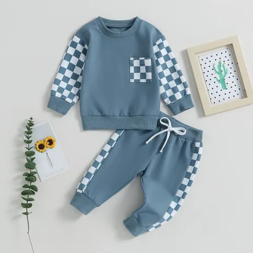 Vista 2 de Conjunto de 2 piezas de sudadera de manga larga con bolsillo y bloques de color para bebé niño