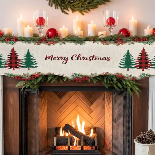 Vista 7 de Bufanda para chimenea con árbol de Navidad, 90 x 17 pulgadas, guirnalda de Navidad a cuadros rojos, cubierta de mantel de lino vintage, protector