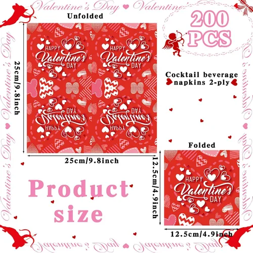Vista 3 de Servilletas de papel desechables para el día de San Valentín, 200 unidades, 2 capas, para almuerzo, cena, decoración del día de San Valentín