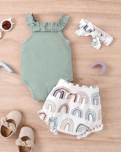 Vista 5 de ZZUYFI Conjunto de ropa de verano para bebé recién nacida, conjunto de ropa de verano con estampado floral, mameluco con cordón y diadema corta