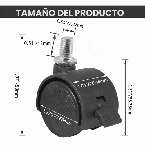 Vista 2 de Litoexpe 4 piezas de 1 pulgada de rueda giratoria de plástico, rueda giratoria de vástago negro M8 x 13mm para banco de trabajo, ruedas