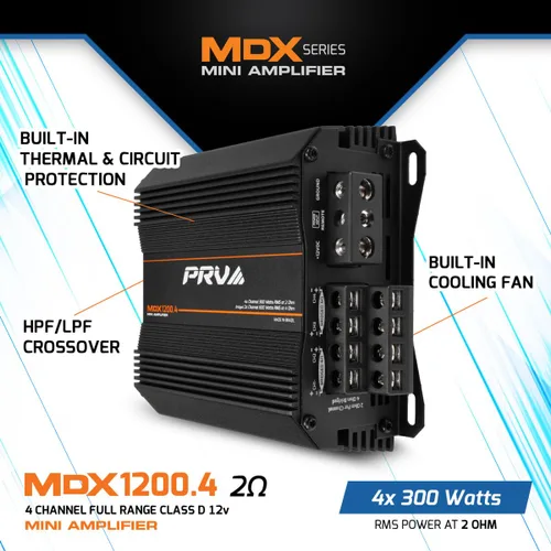 Vista 3 de PRV Audio MDX1200.4 Amplificador de audio para automóvil de 2 ohmios mini de 4 canales 4 x 300 vatios RMS a 2 ohmios - 1200 vatios 12 voltios