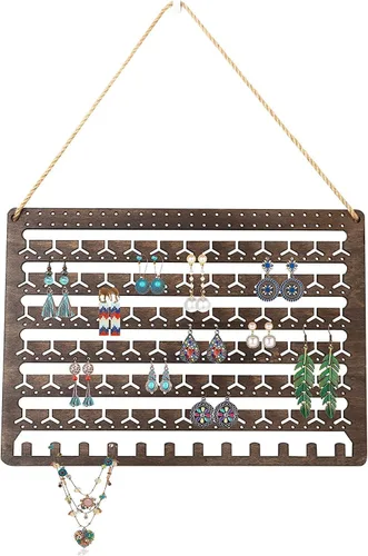 Vista 6 de KDAE Organizador de joyas de madera montado en la pared, organizador de joyas colgante, organizador de aretes, soporte para collares, pulseras sobre