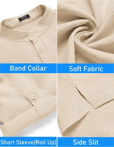Vista 5 de COOFANDY Conjunto de 2 piezas de lino para hombre, camisa Henley de manga corta y pantalones cortos para verano, playa, yoga, trajes a juego