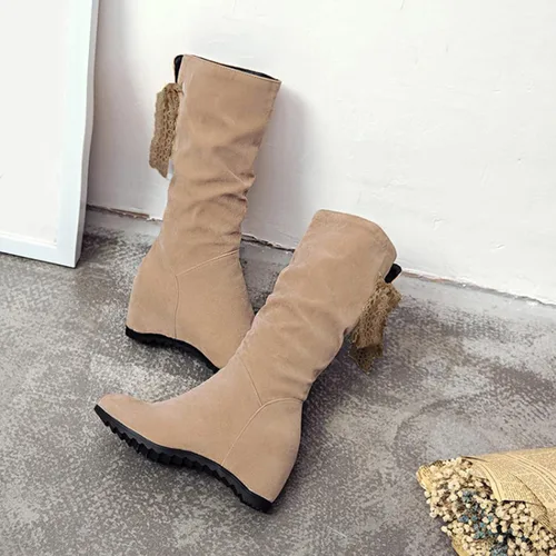 Vista 5 de Botas de media pantorrilla para mujer con tacón de cuña con cremallera, estilo clásico, de cuero redondo, cómodas botas vaqueras occidentales