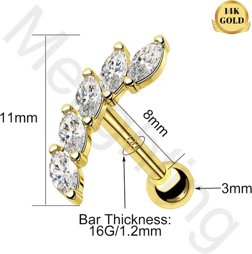 Vista 6 de Melighting Aretes de oro macizo de 14 quilates, 0.56 oz, joyería de piercing Tragus de oro transparente con circonita cúbica curvada para cartílago