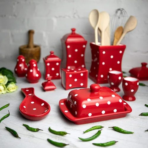 Vista 2 de Juego de 10 recipientes de cerámica hechos a mano con lunares rojos y blancos, recipientes grandes y pequeños, mantequilla, tazas de huevo, salero