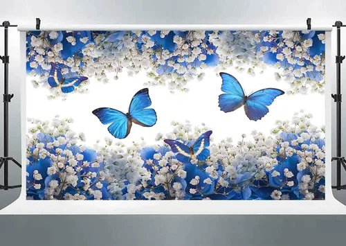 Vista 3 de BJXTGU168 - Telón de fondo de mariposas para cumpleaños, flores azules de gypsophila, telón de fondo de fotos para decoraciones de fiestas temáticas