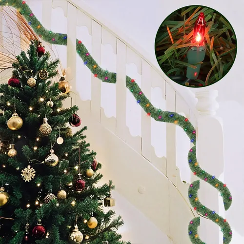 Vista 8 de WATERGLIDE Guirnalda verde de Navidad iluminada de 15 pies, con tira de luces multicolor, guirnaldas artificiales preiluminadas, luces de Navidad