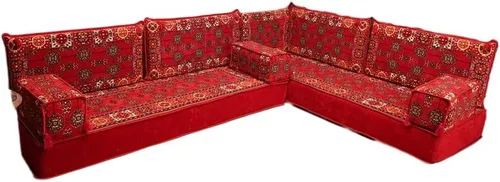 Vista 182 de arabicsofa Juego de asientos Jalsa en forma de L – Majlis árabe hecho a mano con almohadas de respaldo