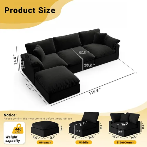 Vista 2 de Cloud - Sofá modular para sala de estar, sofás de mezcla de lino en forma de L, modernos sofás de nube de asiento profundo, sofás seccionales