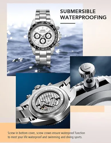 Vista 3 de LOREO Reloj automático para hombre, de acero inoxidable plateado, bisel de cerámica, fecha militar, buceo, impermeable, para hombre
