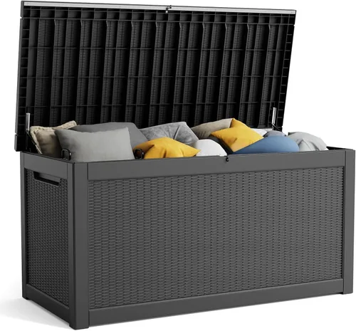 Vista 29 de Caja de resina de 30 galones para terraza, caja de almacenamiento para patio al aire libre con cierre para muebles, herramientas de jardín