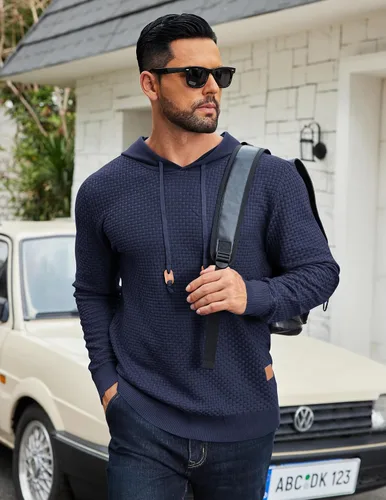 Vista 23 de COOFANDY Sudadera con capucha para hombre, casual, de manga larga, con cordón, de punto gofre, ajustada
