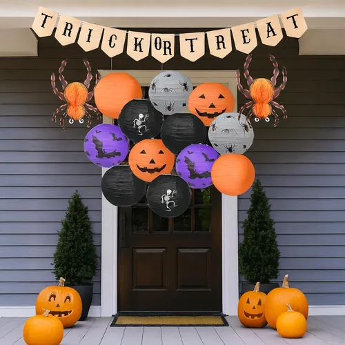 Vista 7 de Mudra Crafts Faroles de papel colgantes de araña, murciélago y calabaza, faroles de papel para interiores y exteriores, decoraciones de Halloween