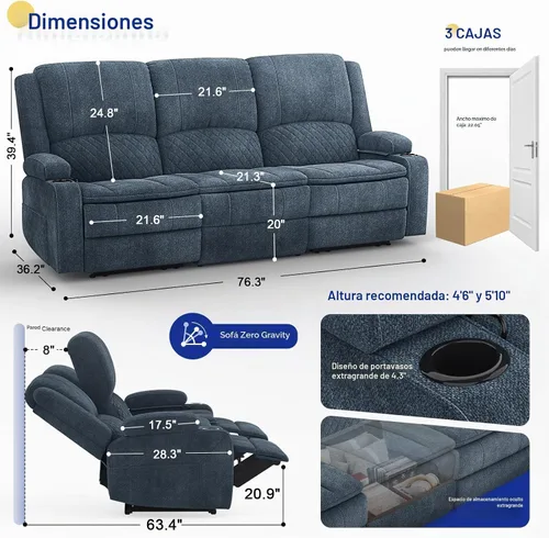 Vista 2 de Sofá reclinable de 3 plazas, sofá reclinable con consola elevable (tela, azul) Reclining Sofa with USB Removable Armrest, RV Sofa with Cup Holder