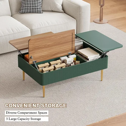 Vista 11 de HLR Mesa de Centro de 47" con Tapa de Elevación Doble y Almacenamiento, Mesa de Centro Moderna de Madera Acanalada con Compartimento Oculto, Mesa