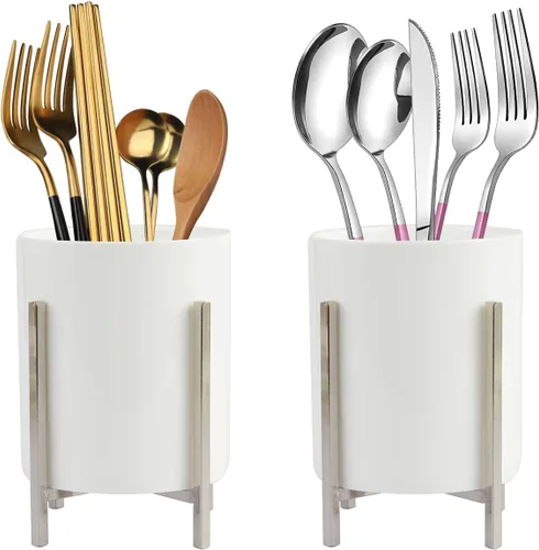 Vista 13 de Organizador de cerámica para cubiertos, soporte redondo para utensilios, soporte para utensilios de cocina para encimera, taza de cerámica con borde