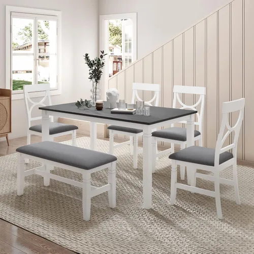 Vista 11 de Juego de mesa de comedor de madera de 7 piezas, mesa extensible multifuncional con hojas de 12 pulgadas y 2 cajones, 6 sillas de comedor con cojín