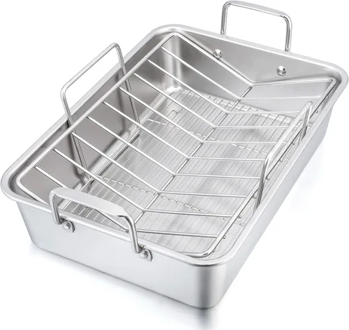 Vista 8 de P&P CHEF Bandeja Asadora de 14 pulgadas con rejilla para hornear y rejilla en forma de V, bandeja rectangular de acero inoxidable para lasaña