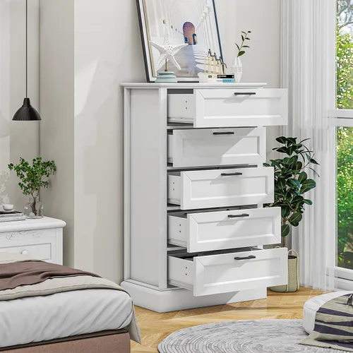 Vista 7 de biukpci Cómoda blanca con 5 cajones, almacenamiento vertical para dormitorio, cómoda alta de madera para pasillo, cómoda alta de madera con cajones