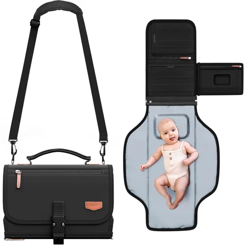 Vista 13 de Cambiador de pañales portátil con correa para el hombro, cambiador de viaje desmontable con bolsillo para toallitas para bebé, regalos para baby
