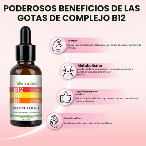 Vista 2 de Gotas líquidas de vitamina B12 y B6, frambuesa