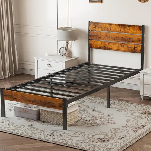 Vista 8 de Sweetcrispy Base de cama individual de madera resistente con cabecero, base de colchón resistente de 500 libras, plataforma de soporte de metal