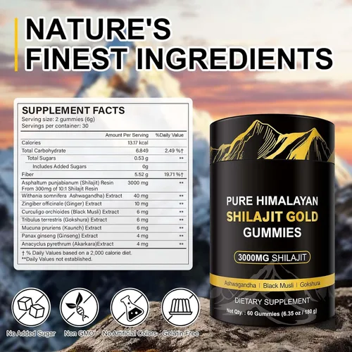 Vista 2 de Gomitas Shilajit, 3000 mg de oro Shilajit del Himalaya con Ashwagandha, musli negro, gokshura para hombres y mujeres, sin OMG y gelatina, 60