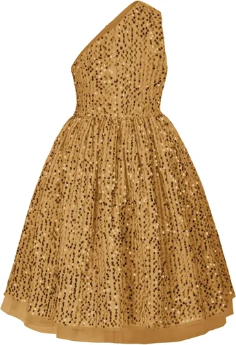 Vista 2 de GRACE KARIN Vestido de lentejuelas para niñas, vestido de fiesta brillante de un hombro con lazo para el cabello