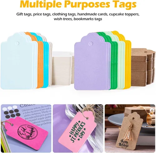 Vista 5 de Primbeeks 132 piezas etiquetas de regalo premium, papel kraft de 12 colores with cuerda, etiquetas colgantes de saludo y precio disponibles de doble