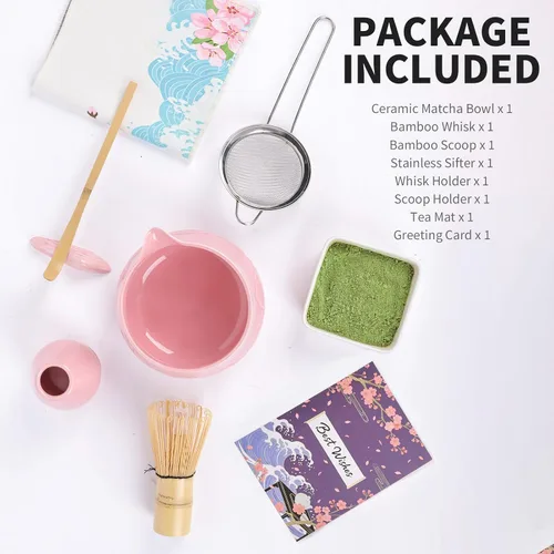 Vista 9 de Juego de 8 piezas de batidor de matcha con cuenco de cerámica, cuchara, descanso, tamiz, tapete de té, tarjeta de felicitación, soporte